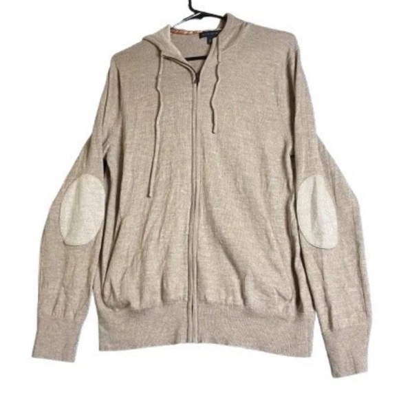 Banana Republic Softest Knit Tan Hoodie w Elbow Patches Merino Extra Fine Wool L - Picture 1 of 9